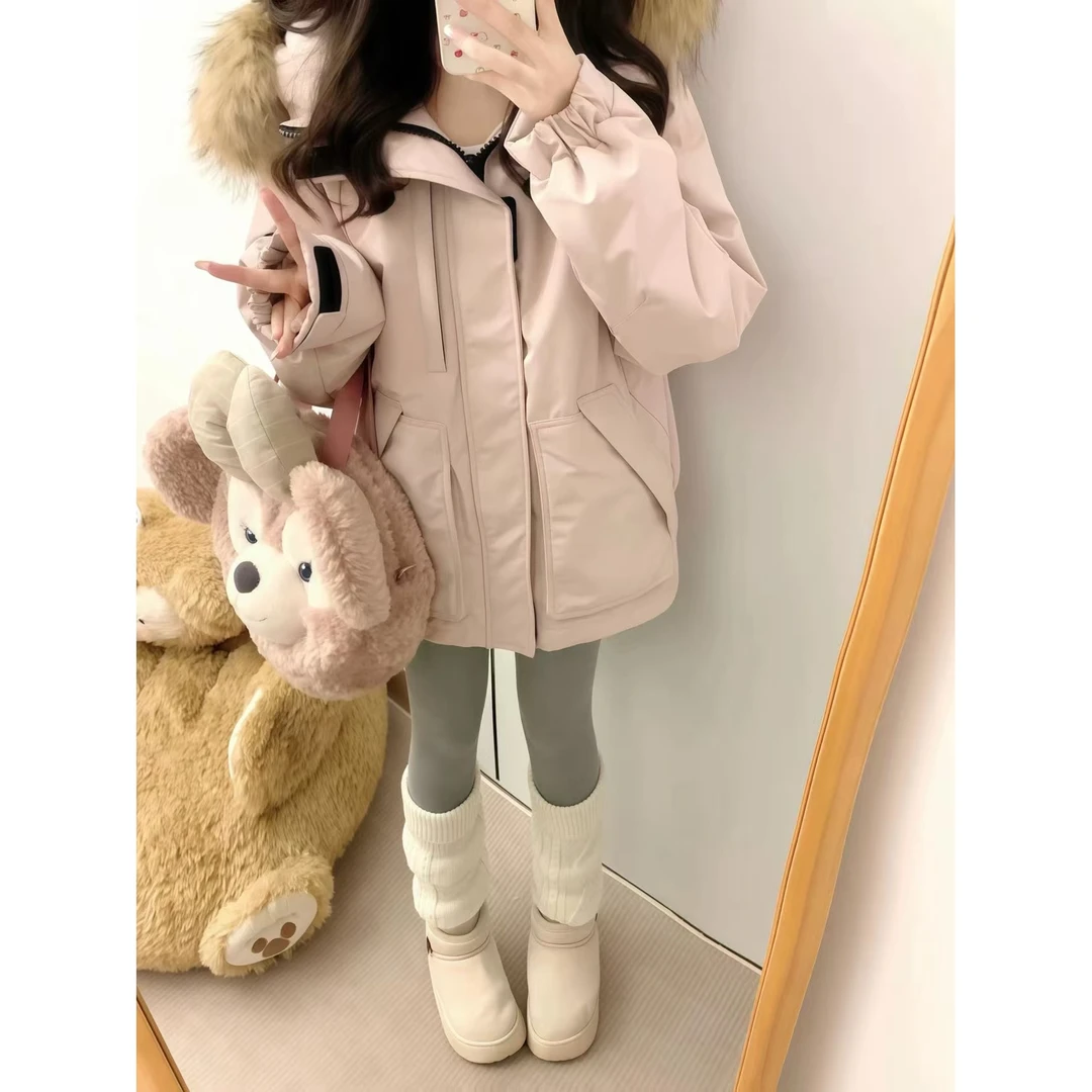 （小不点）粉色毛领女2025冬季韩版加厚宽松小个子外套 99877