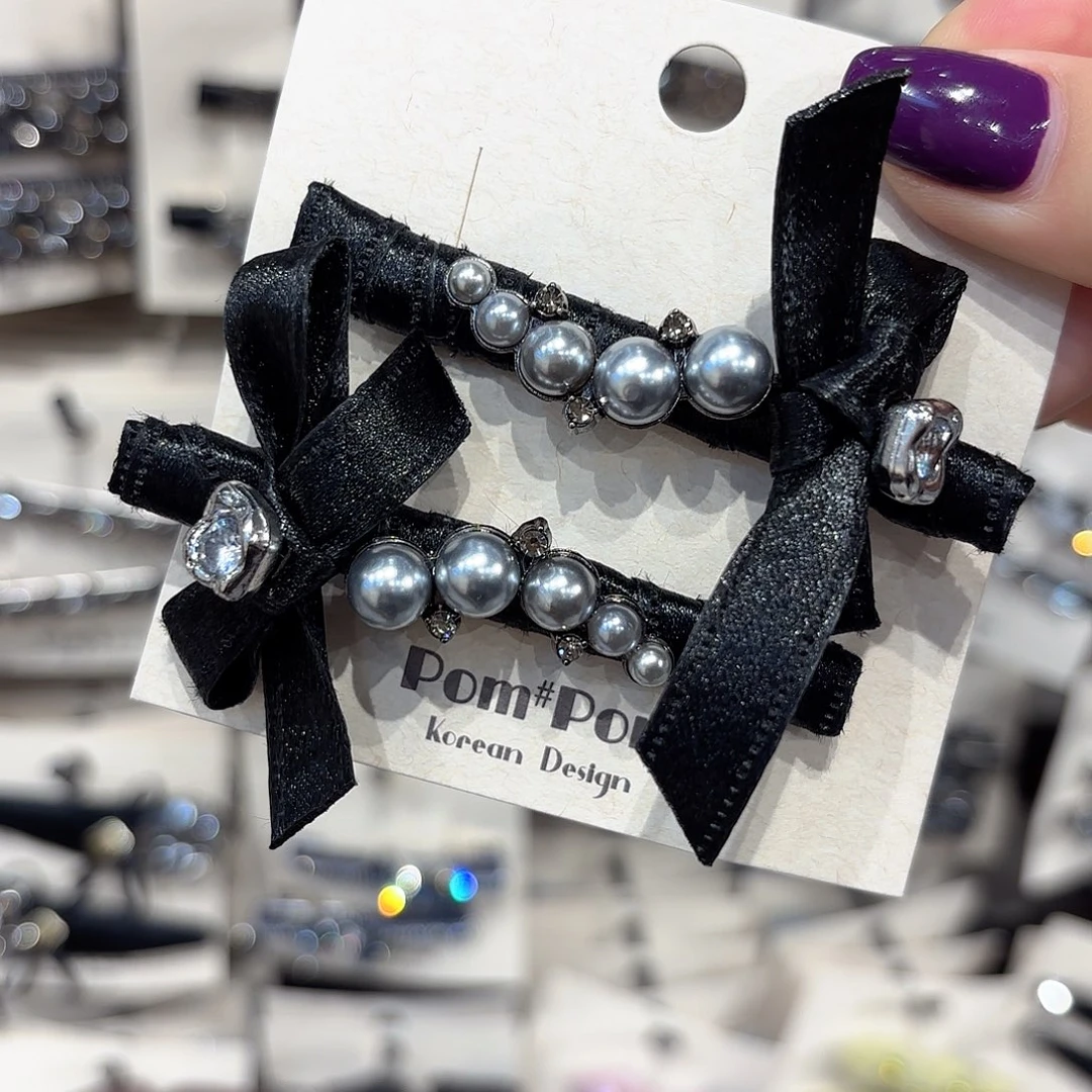 皮质铁合金银灰珠珠压夹一对