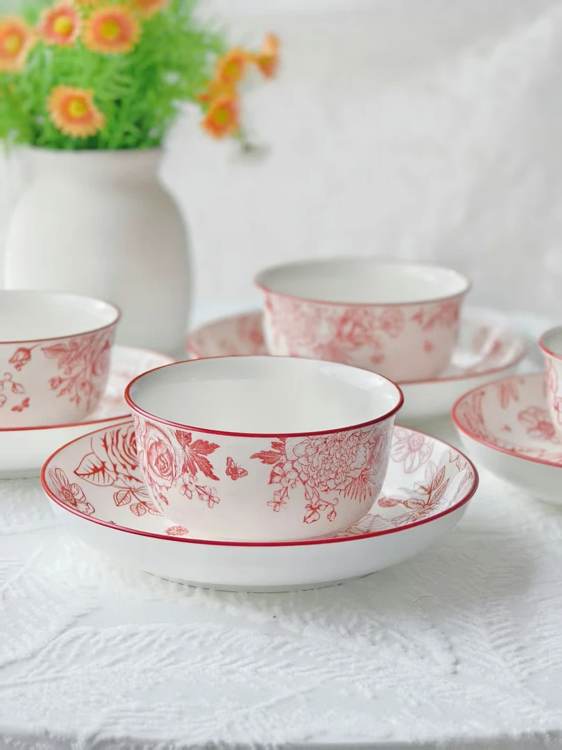 【刘营专属】玫瑰庄园米饭碗8件套碗盘陶瓷餐具套餐家用创意釉下彩