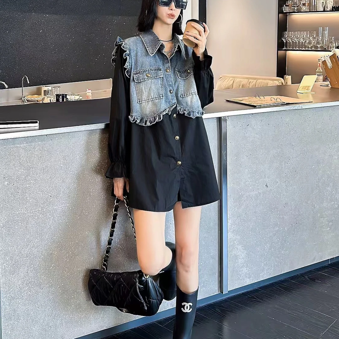 秋季乐桐长袖中长款大码衬衫单排多扣薄款拼接POLO领