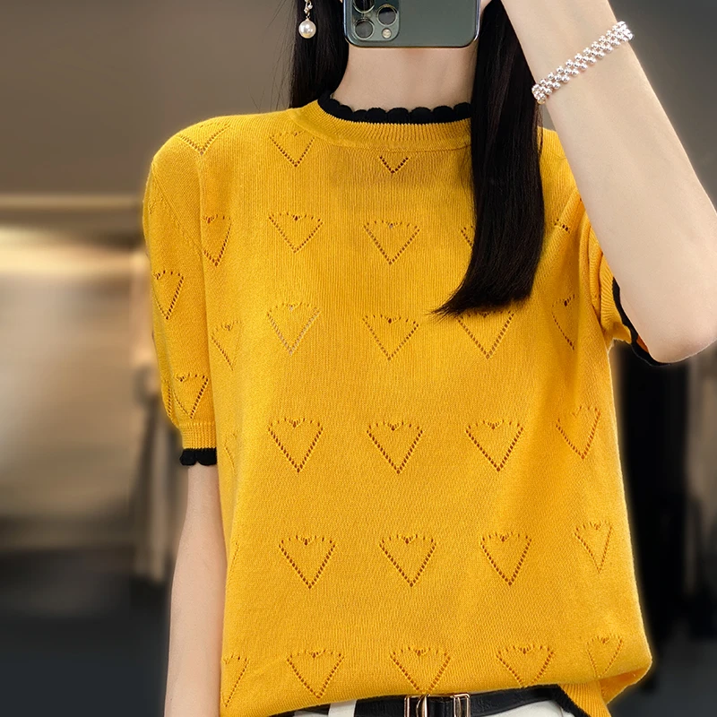 纯棉新疆棉 爱心镂空提花圆领短袖T恤针织时尚百搭夏季半袖