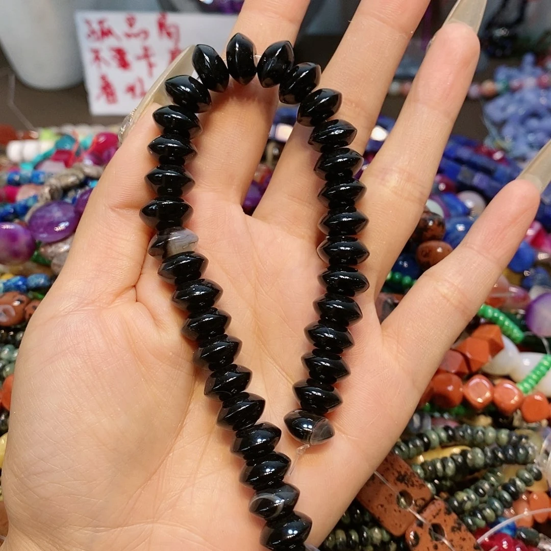 散珠玛瑙/玉髓黑玛瑙飞碟一条12mm