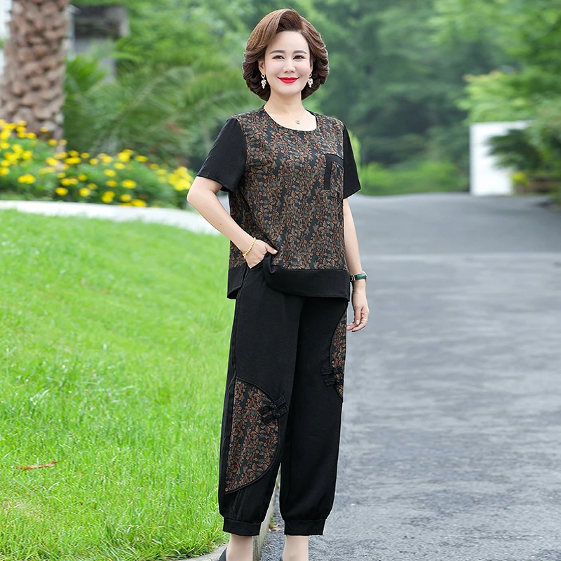 中老年女装夏季套装夏装短袖T恤七分裤妈妈装圆领套头两件套薄