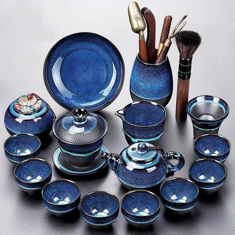 侘寂风茶器建盏陶瓷茶具窑变套装天目高档三才盖碗套组礼盒装送礼