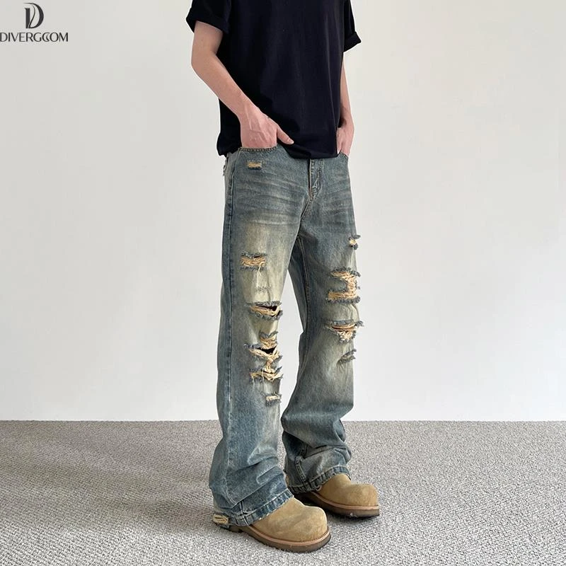 DIIIVERGOM美式覆古高街做旧破洞牛仔裤男潮直筒微喇叭裤子