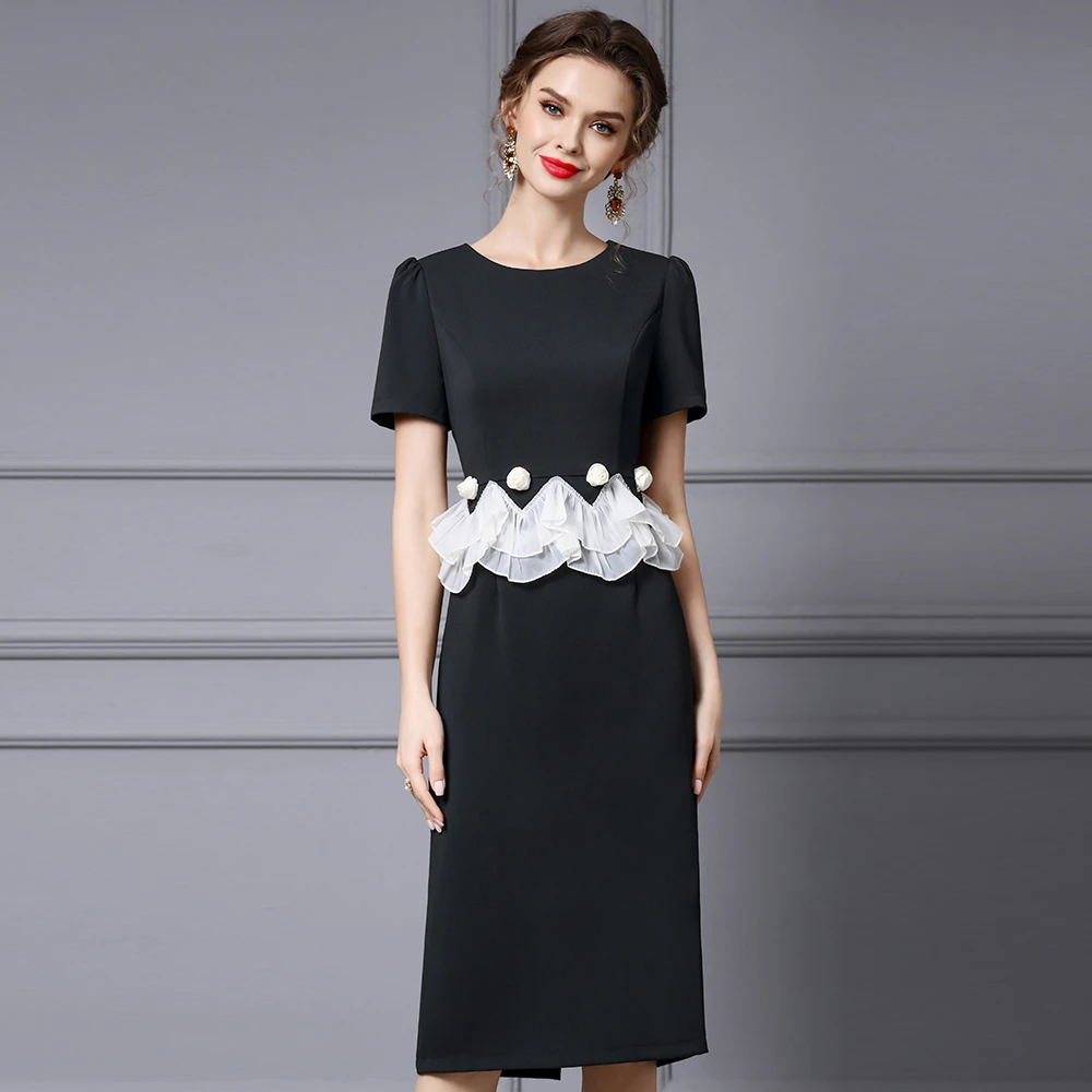 枝荔法式连衣裙女2025新款夏装黑色修身假两件花朵荷叶边过膝裙子