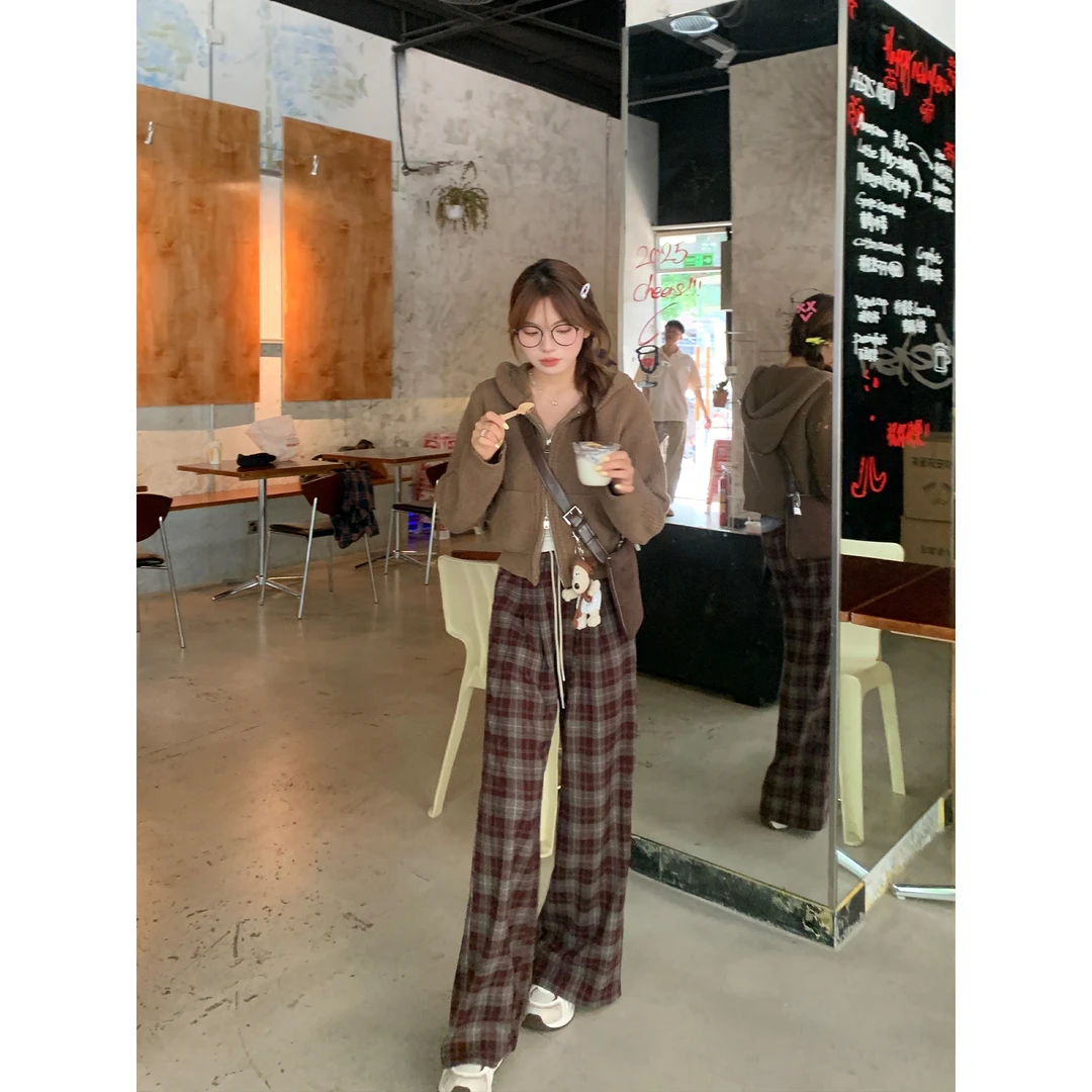 切糕自制【原野焦糖】小个子秋冬女流光风慵懒松弛休闲显瘦格子裤