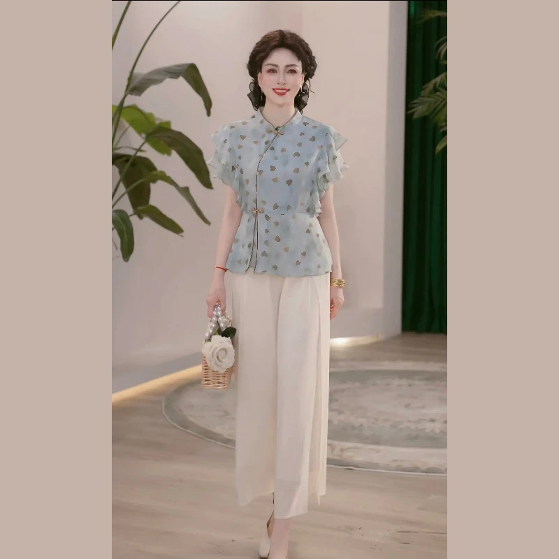 2025夏季新中式国风薄款时尚减龄洋气妈妈装短袖上衣女装T恤套装