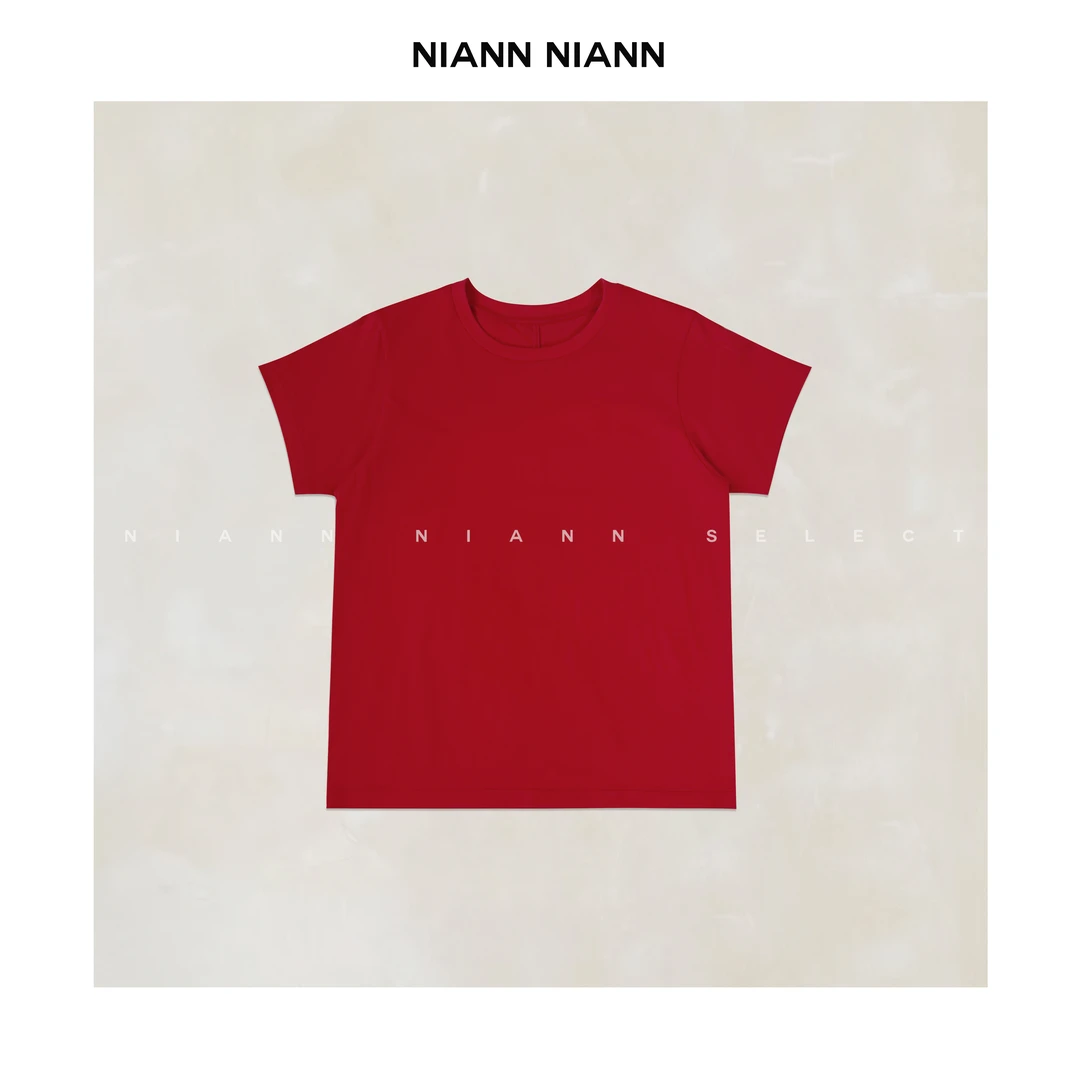 NiannNiann 夏款女装极简棉质正肩圆领舒适定制红T 15607