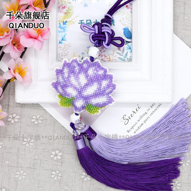 新版印花满珠绣十字绣汽车挂饰车挂材料包紫色莲花荷花简单自己绣