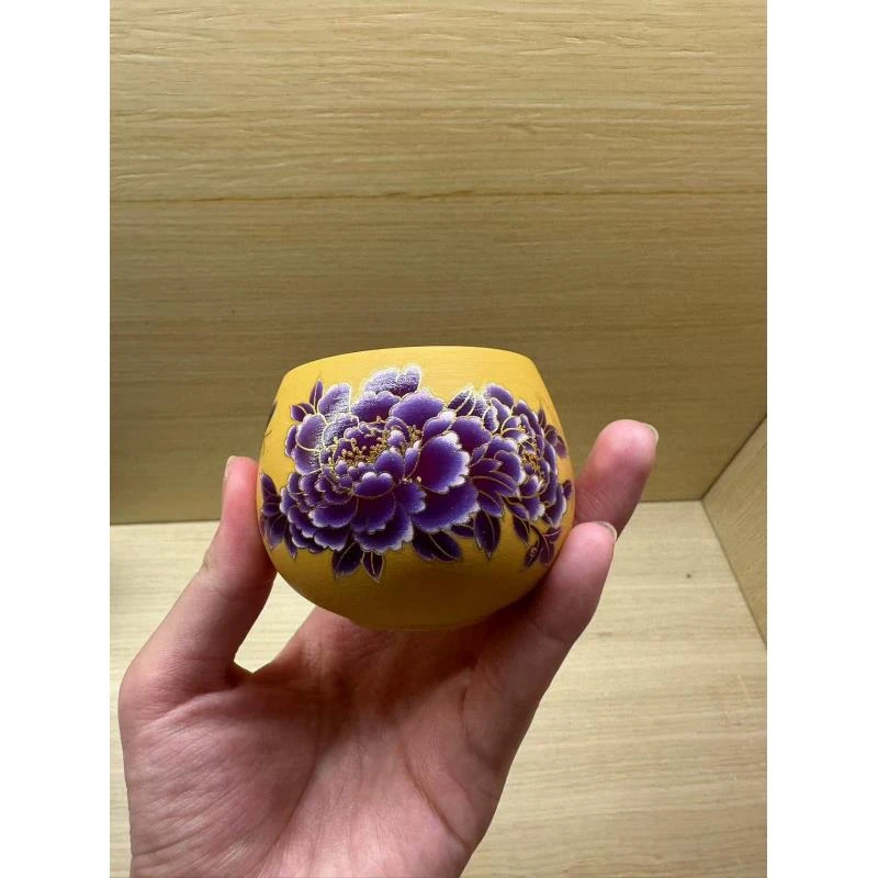 黄金段紫砂牡丹杯ZH1127纯手工精美对杯陶瓷