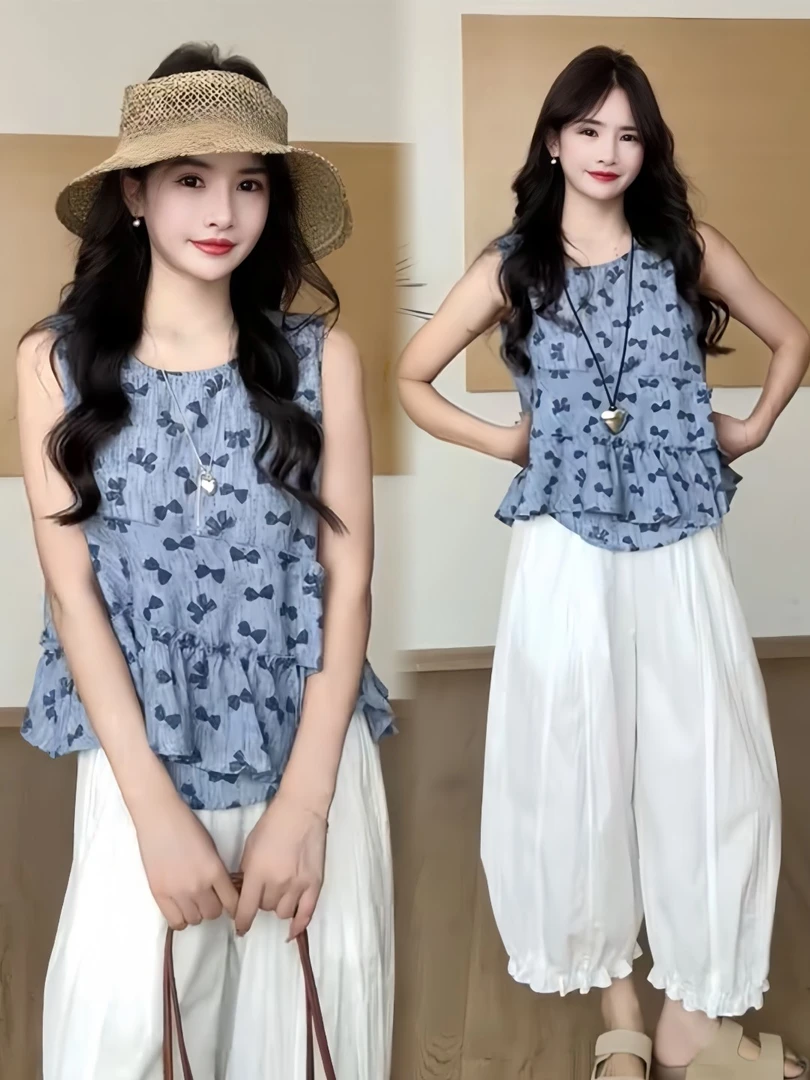 不规则蝴蝶结无袖衬衫九分气球裤套装2025夏季新款显瘦洋气两件套