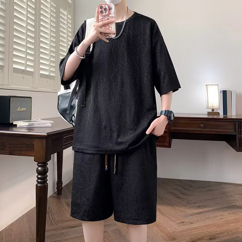 休闲运动短袖套装男夏季潮流字母提花宽松大码帅气T恤短裤两件套