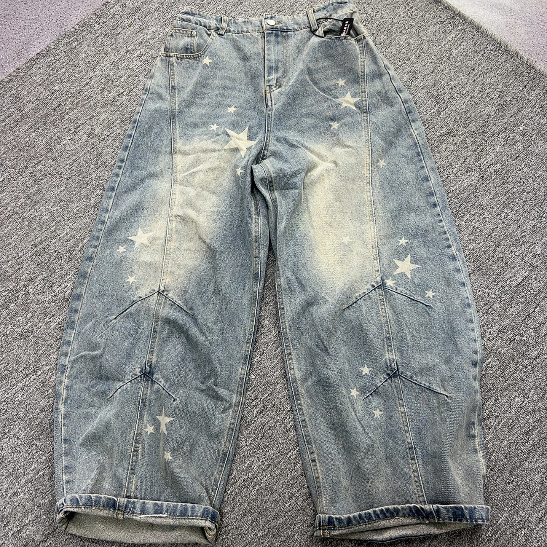 大码女装星星印花牛仔弯刀拖地裤