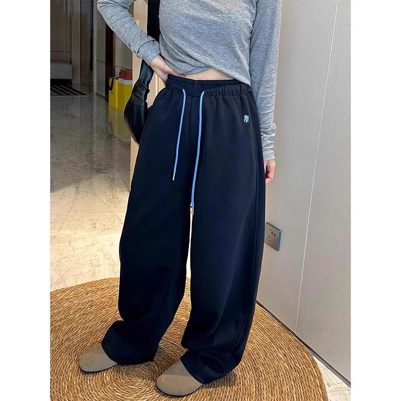 美式阔腿裤女秋冬抽绳弯刀卫裤宽松高腰垂感直筒休闲加绒运动裤子