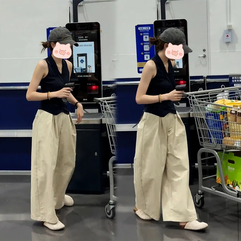 老钱风气质休闲黑色背心套装女夏季巨好看的洋气显瘦阔腿裤两件套