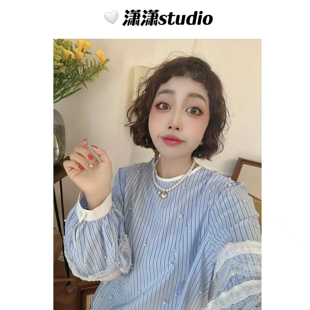 【重工钉珠】【东大门款】潇潇手工钉珠泡泡袖蓝条纹韩系衬衣XM1066