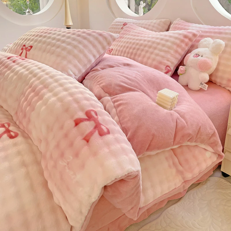 高奢海宁绒被套单件加厚加绒冬季-蝴蝶结粉