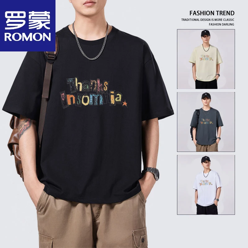 罗蒙夏季男士短袖T恤潮牌ins美式字母休闲宽松落肩男女纯棉圆领体