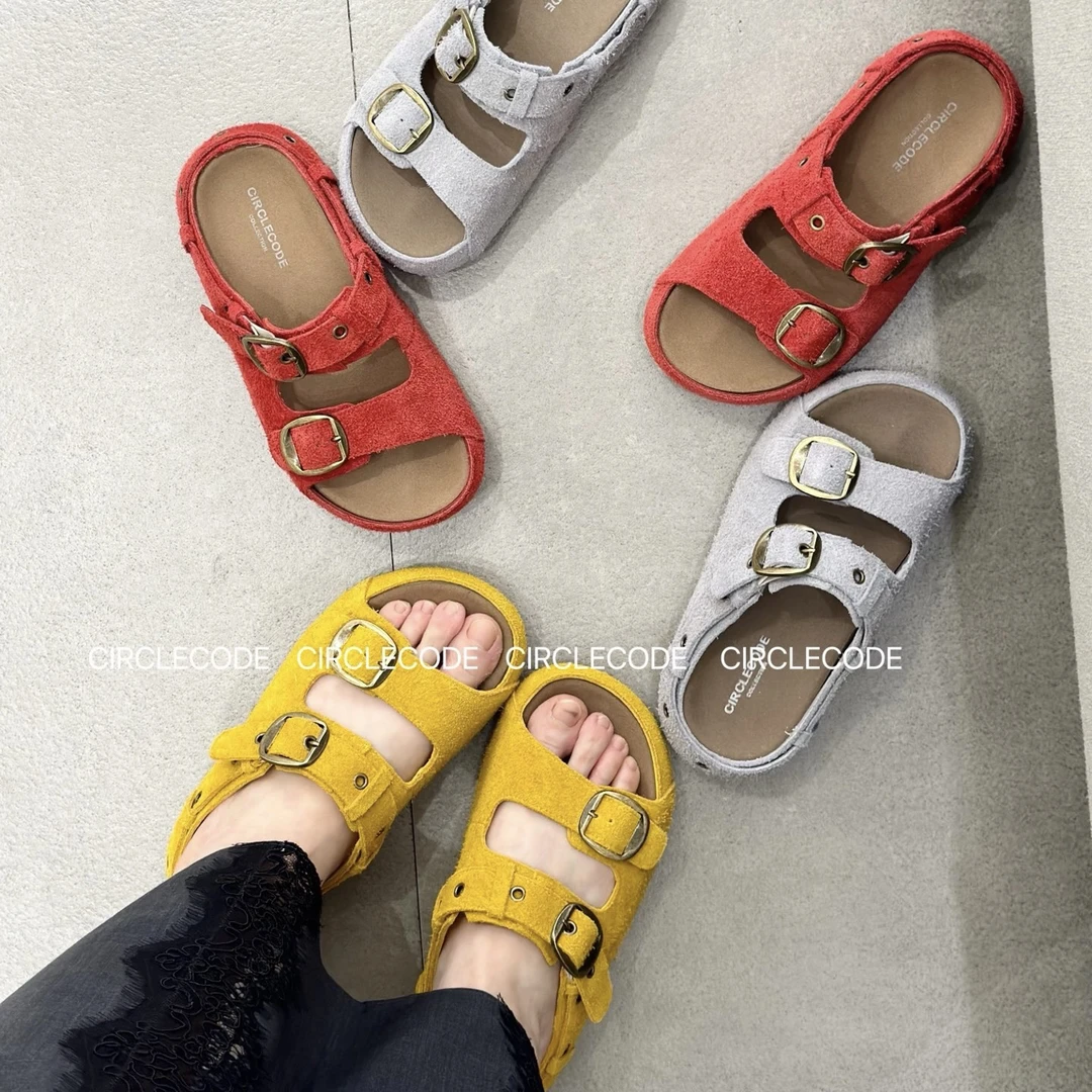 2025春夏新款真皮时尚百搭皮带扣一脚蹬一字拖鞋女鞋潮