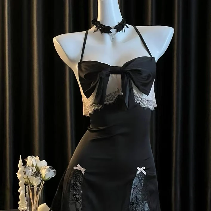 【蝴蝶纱纱】新款蝴蝶结露背睡衣吊带裙性感蕾丝轻奢法式显瘦气质