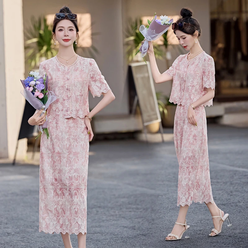 法式小香风刺绣蕾丝套装裙女2025年夏季新款修身显瘦半身裙两件套