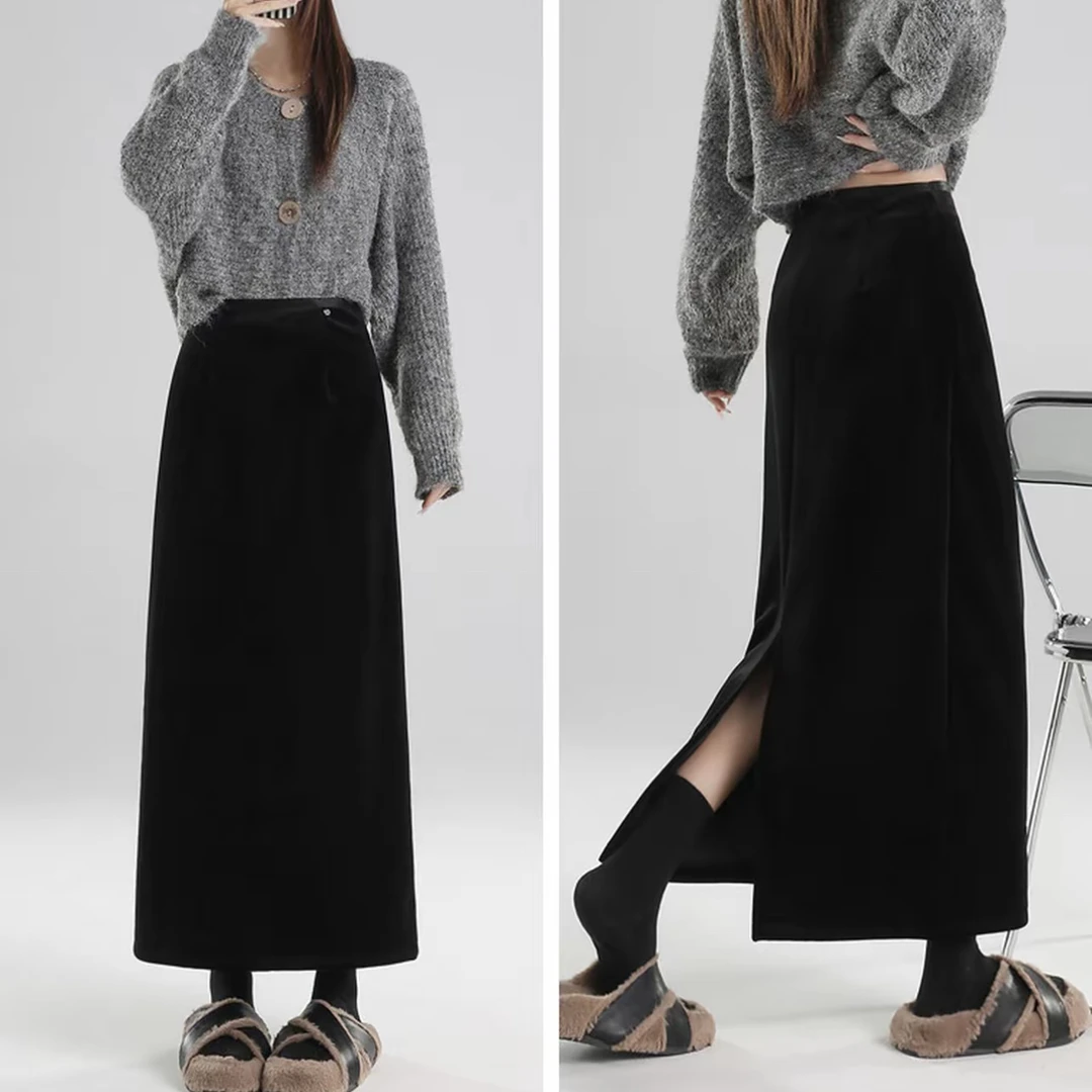 秋冬新款优雅显瘦金丝绒半身裙黑色高腰开叉洋气衣服女