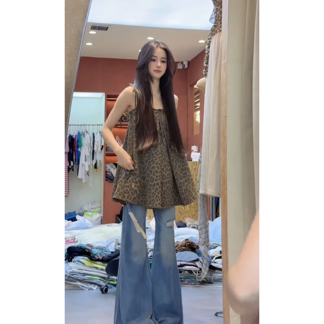 MARIE.COCO辣妹豹纹抹胸背心纯欲性感上衣女夏时尚微喇牛仔裤套装