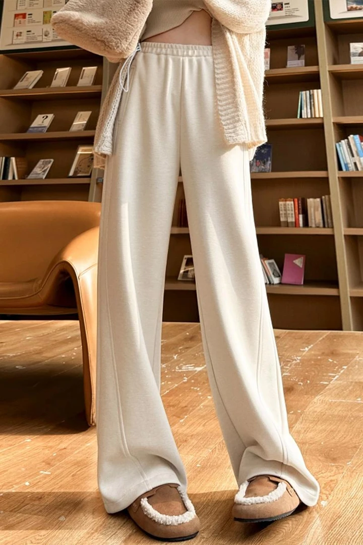 孕妇糯米羊绒抽绳口袋阔腿裤加绒加厚宽松型休闲简约长裤