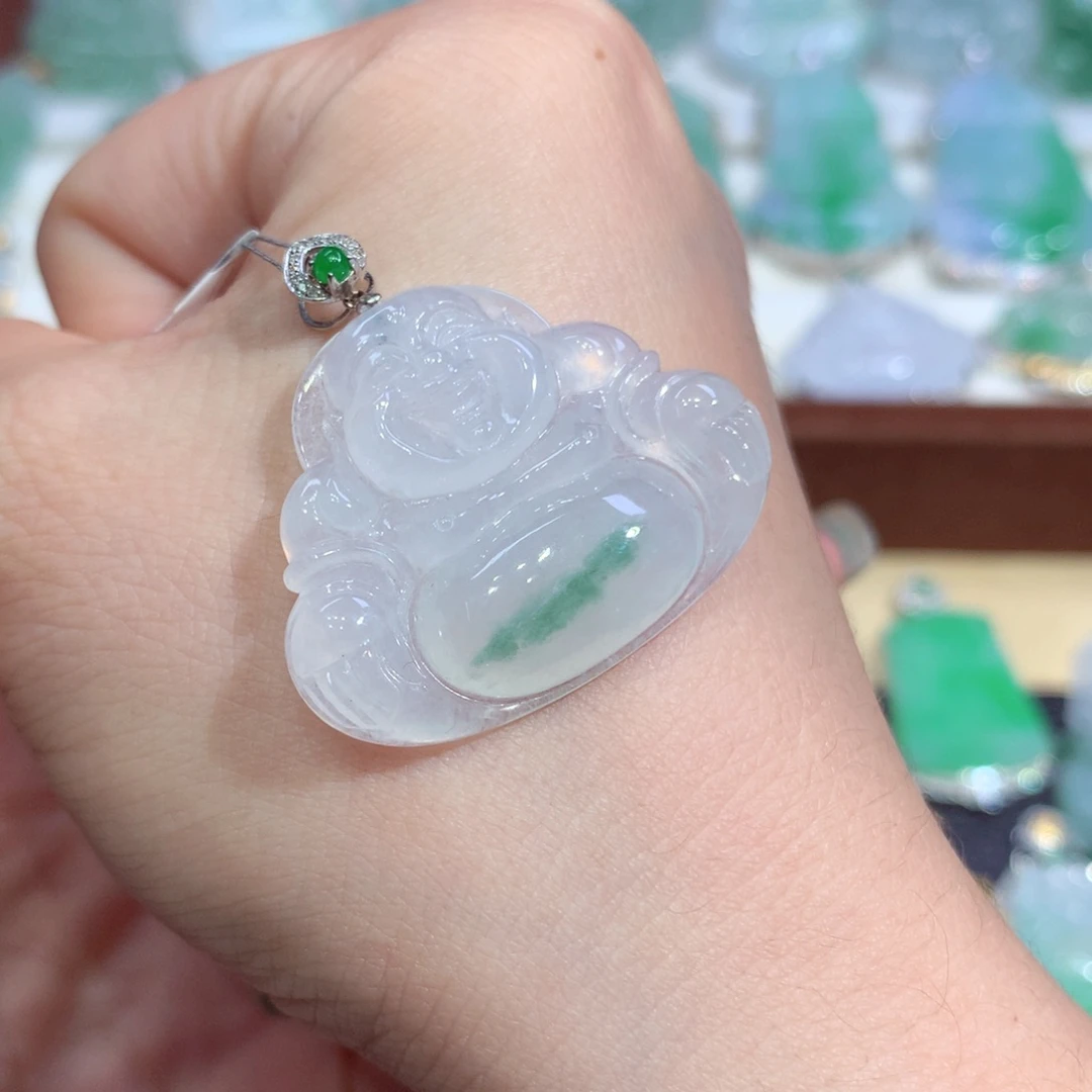 吊坠(不含链)18K金镶嵌翡翠天然缅甸A货翡翠揭阳工佛公