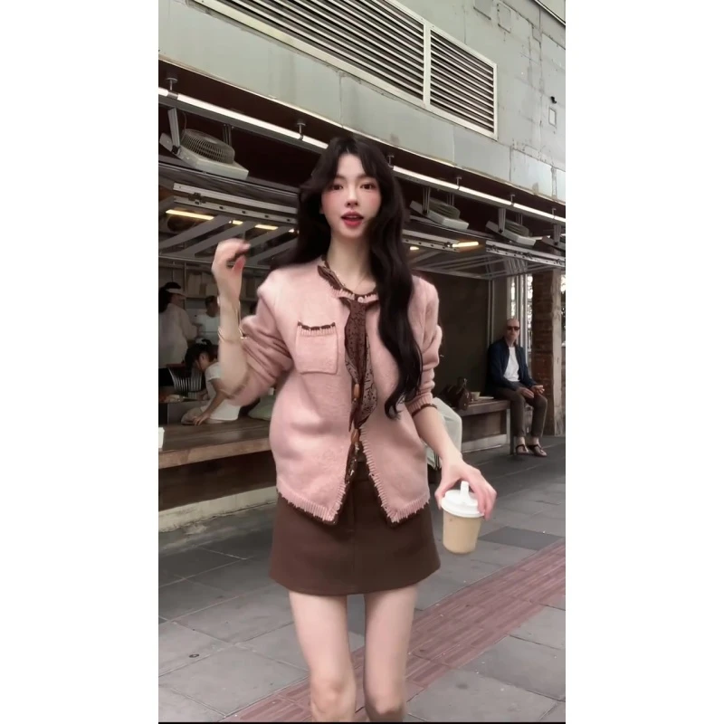 MARIE.COCO小香风粉色加厚长袖短款外套女秋冬新款高腰A字半身裙