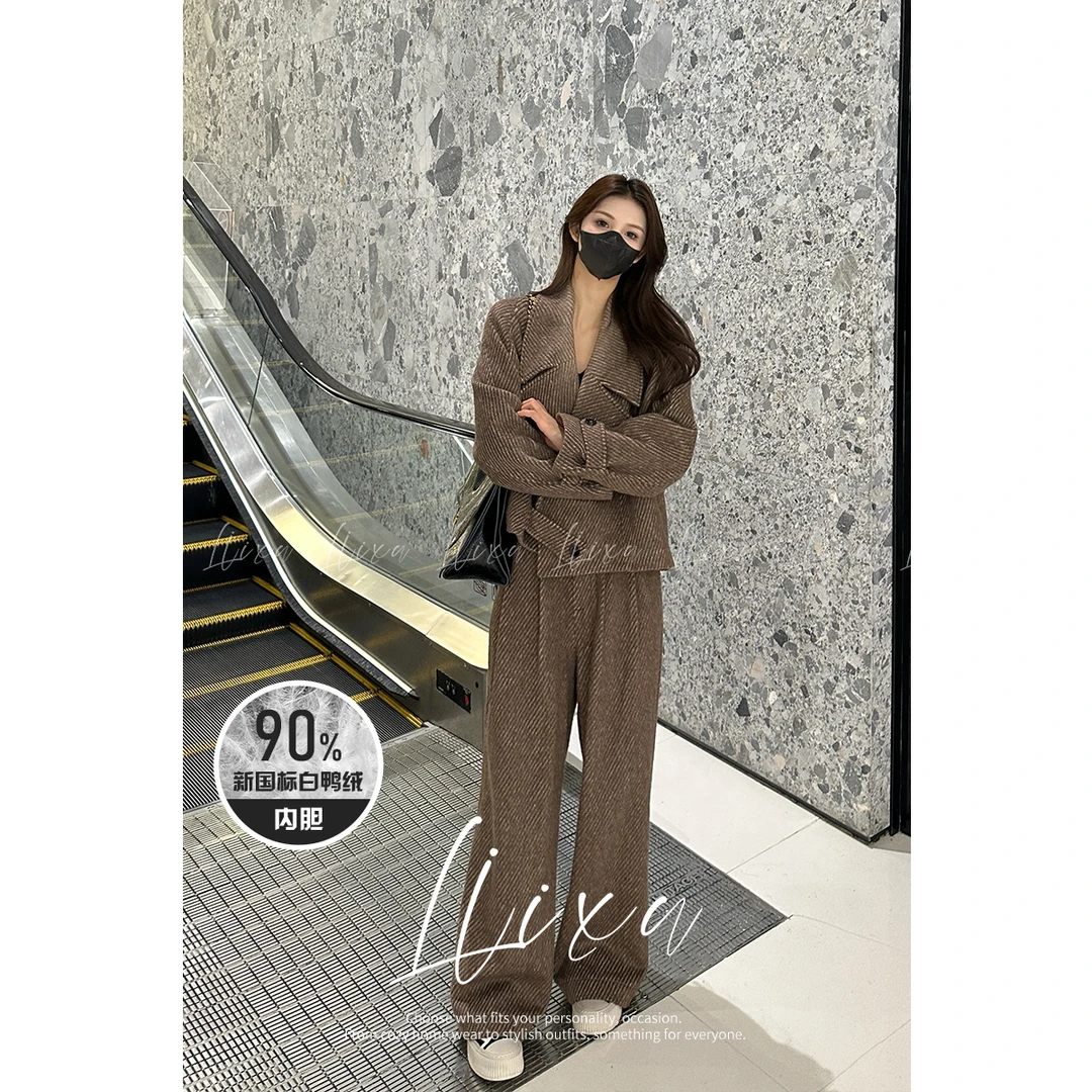 Liixu秋冬羽绒内胆毛呢外套显瘦阔腿裤两件套L48TZ053