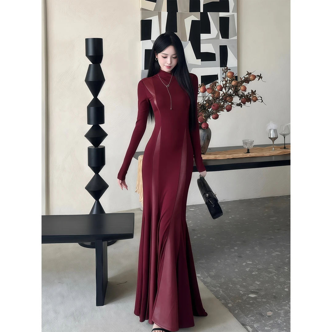 御姐气质拼接半高领长袖连衣裙女秋冬收腰修身显瘦包臀鱼尾长裙子