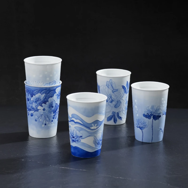 景德镇青花玲珑可乐杯家用陶瓷带盖子单杯大容量随行杯办公杯