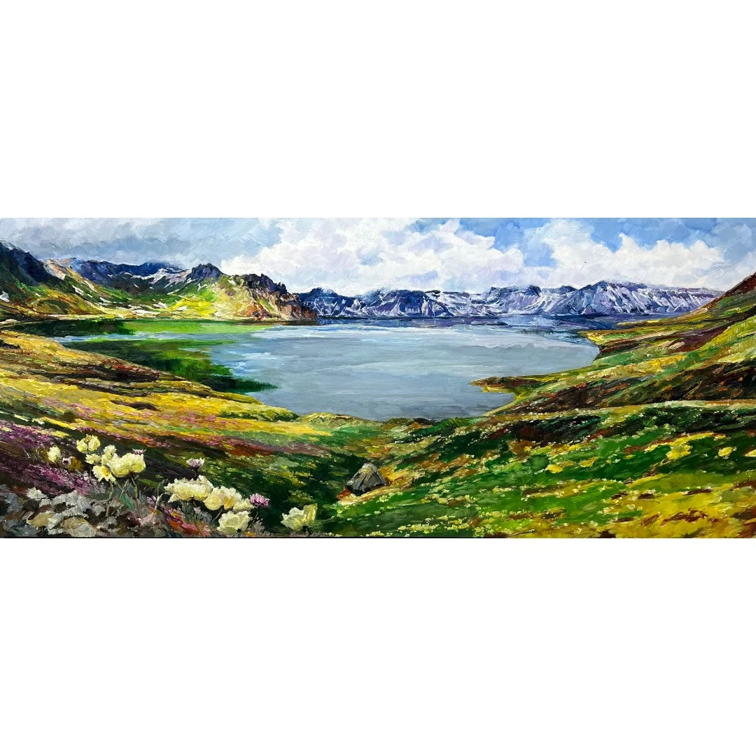 8083原创手绘油画风景作品《天池2》84*196cm适用于客厅沙发背景墙