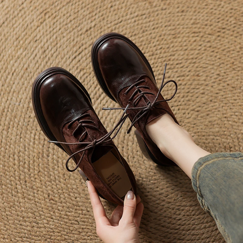 VICEN FIFI5cm/英伦风布洛克乐福鞋女2026新款粗跟系带厚底小皮鞋