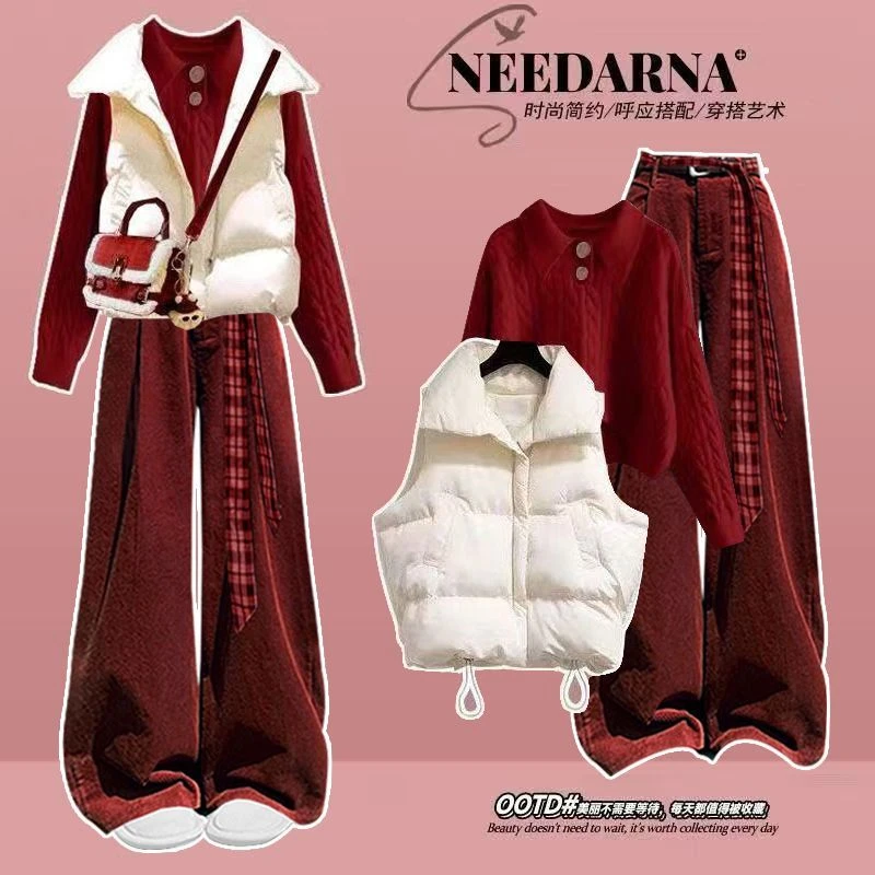 秋冬穿搭一整套女韩版宽松红色针织毛衣+棉马甲灯芯绒裤子三件套