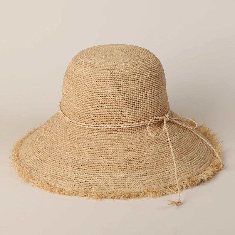 夏季休闲蝴蝶结拉菲草帽户外出游遮阳防晒高密度盆帽时尚百搭帽子