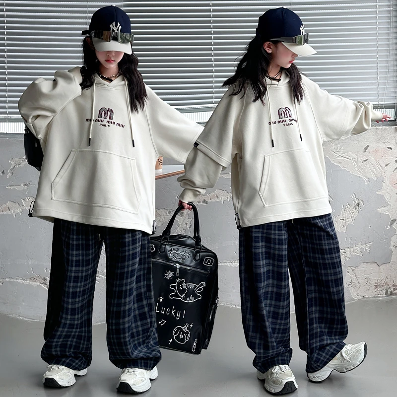 女童秋季套装2025时尚新款双袖卫衣格子裤6-12岁儿童宽松个性洋气