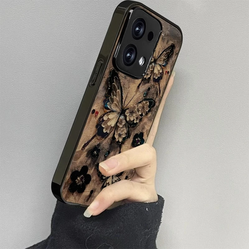 黑色蝴蝶适用OPPOReno15手机壳reno14创意小羊皮reno13新款保护壳