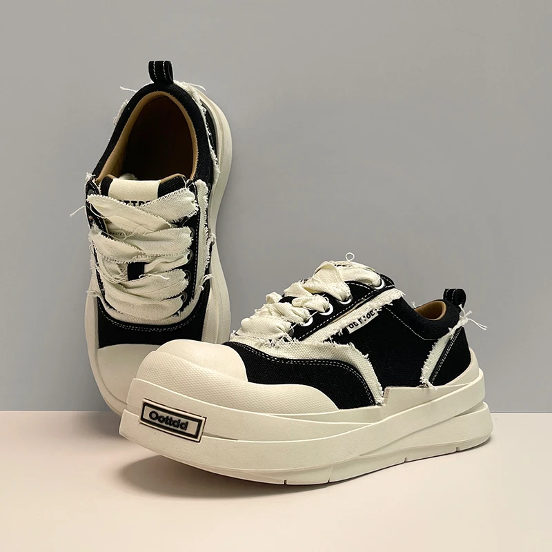 明星同款绷带帆布鞋黑色男女潮流大头鞋国潮复古小众厚底增高板鞋