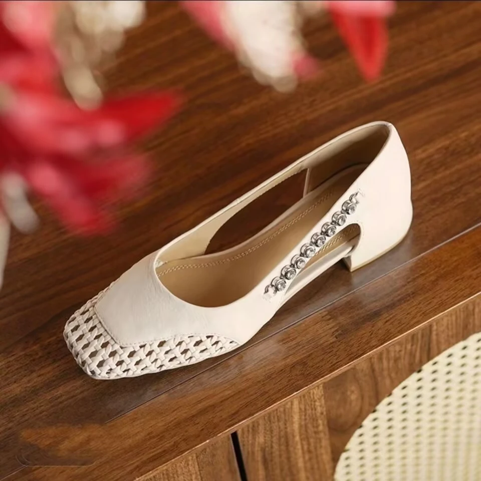 S2法式水钻复古镂空编织气质经典2025凉鞋单鞋女鞋方头粗跟百搭