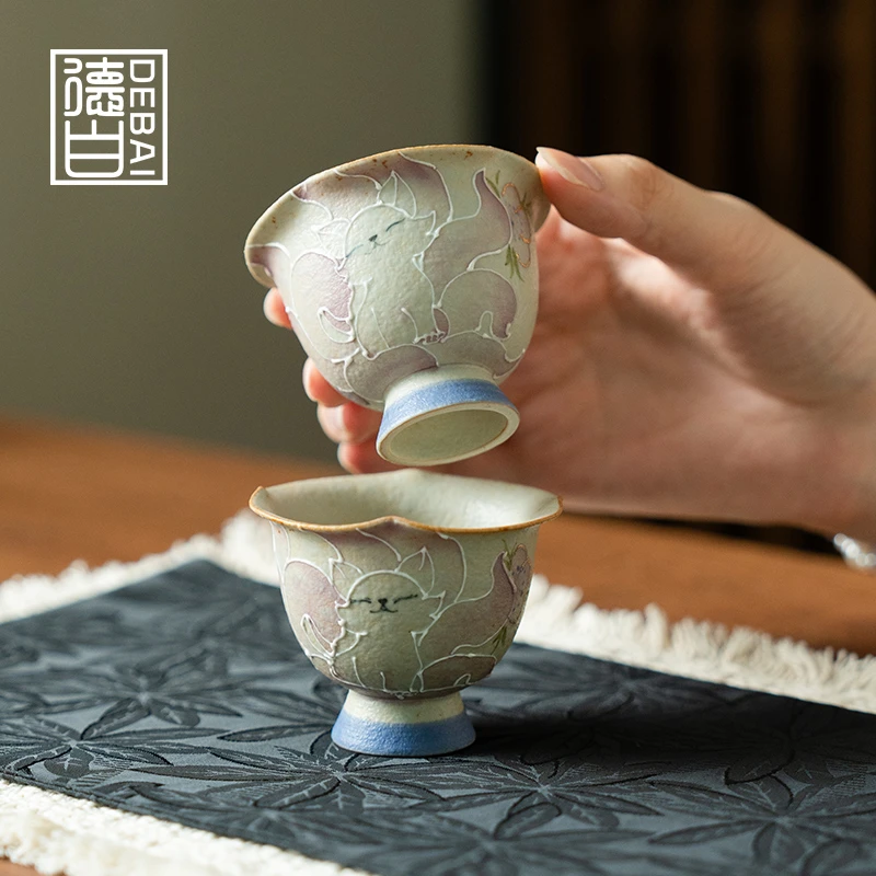 德白复古火石红纯手绘九尾仙狐高足杯陶瓷主人杯家用新中式小茶杯