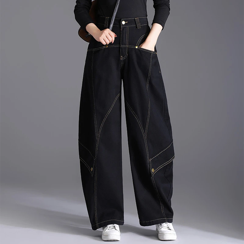 黑色宽松阔腿牛仔裤女宽松大码美式显瘦新款直筒裤时尚弯刀工装裤
