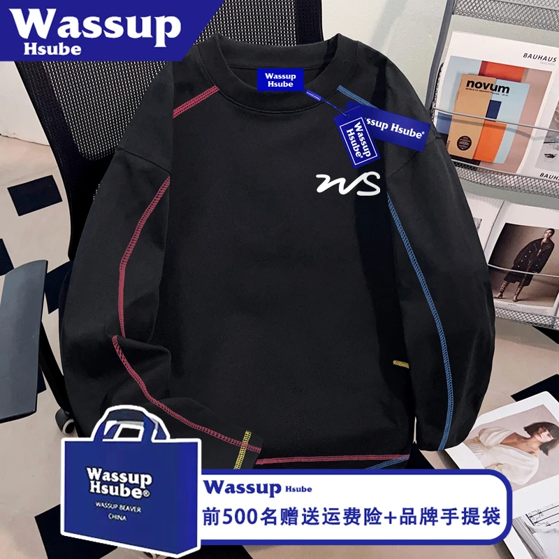 WASSUP HSUBE秋季男女100%棉长袖简约印花T恤ins拉线设计黑色上衣