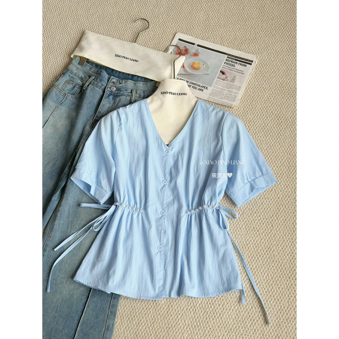 2025夏季新款设计感收腰百搭休闲单排扣短袖衬衫上衣5001#0.1