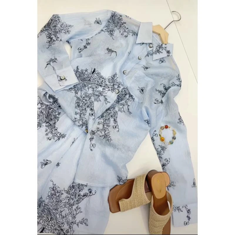 丹青--新中式国风气质时尚休闲百搭小众设计中刺绣夏季蓝色两件套