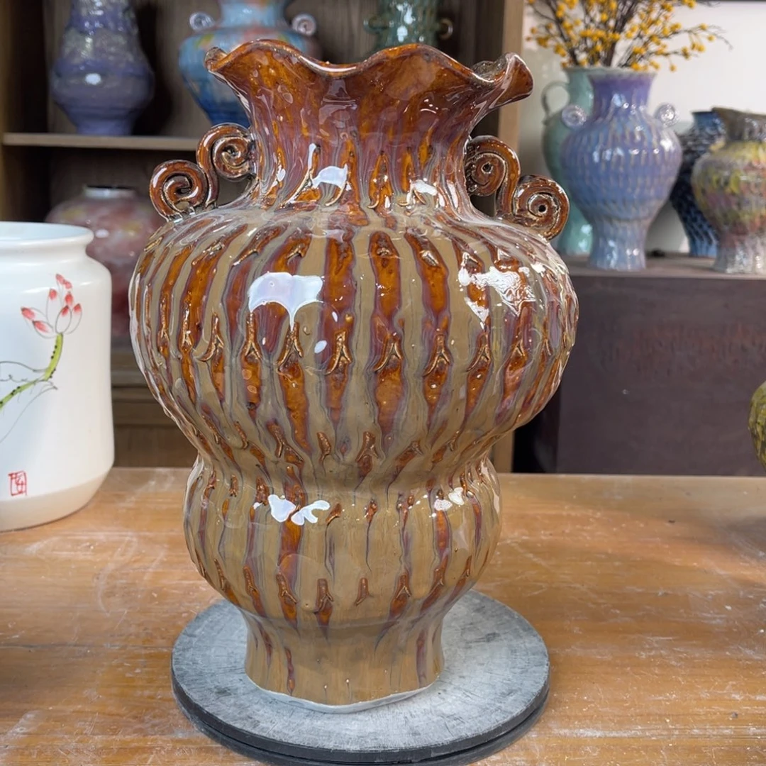 摆件陶瓷花瓶高31口径8.5盘泥微瑕