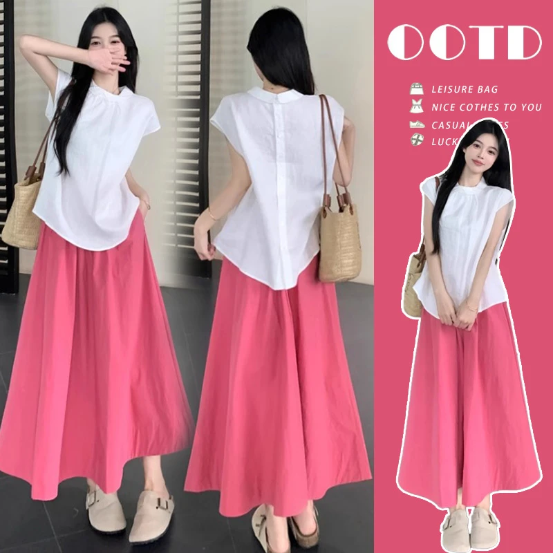 孕妇装2025夏装搭配小个子无袖白色衬衫加玫粉色半身裙两件套装裙