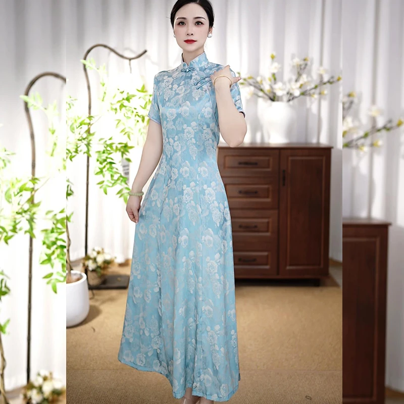 【TT012】2025夏季新款气质提花复古奥黛中国风年轻款旗袍满庭芳华